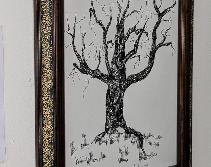 Leafless Scary Tree "Don't be Scared" Pen & Ink Inkjet Tree Print unframed