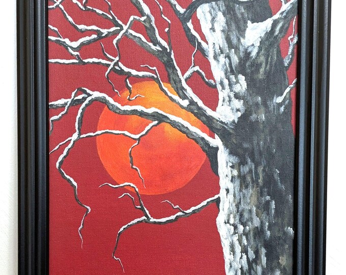 This is a painting featuring a single tree silhouetted in a wildly red sunset background