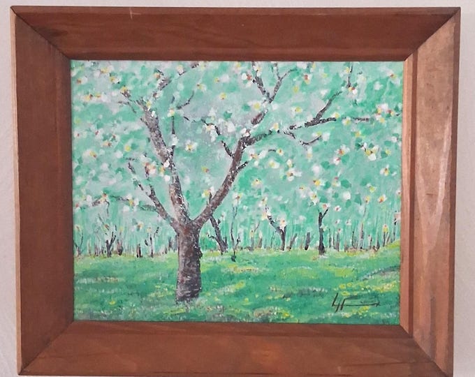 The product is a framed acrylic painting of an expressionist version of cherry blossom trees.