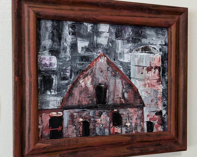 A 'Really Really Red Barn' Abstract Acrylic Original Painting of a Barn and Silo, Framed