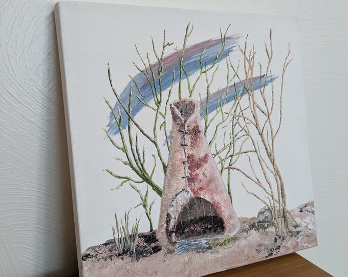 The serene teepee scene painting beautifully captures a peaceful and tranquil scene.