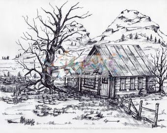 This print of an old homestead in pen and ink  showcases a home of a bygone era
