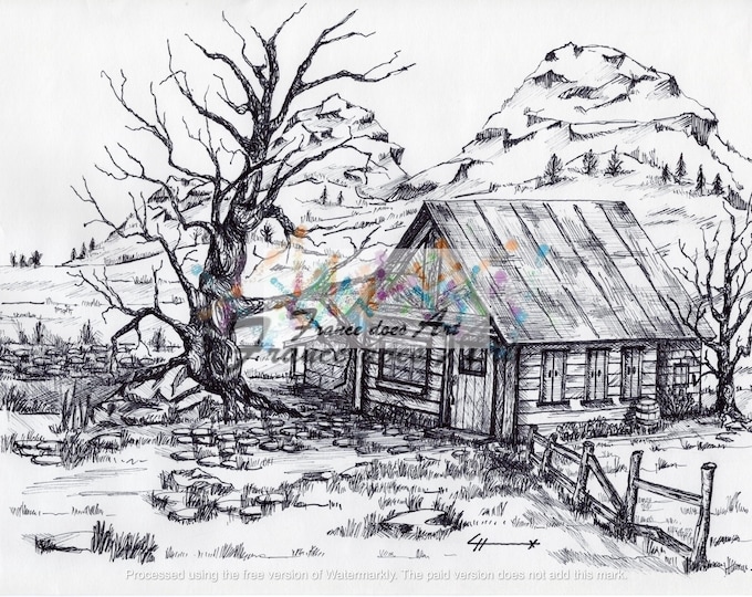 This print of an old homestead in pen and ink  showcases a home of a bygone era