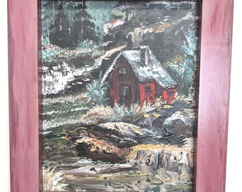This abstract acrylic painting depicts a mountain shack in a unique and artistic style