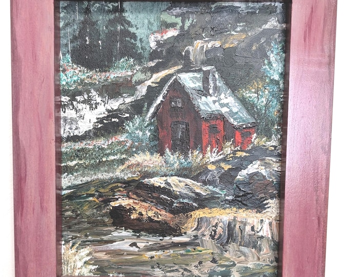 This abstract acrylic painting depicts a mountain shack in a unique and artistic style
