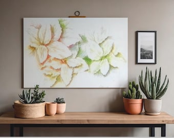 Colorized Depiction of an 'Emerald n Gold' Plant, Print has Large Green & Yellow Leaves