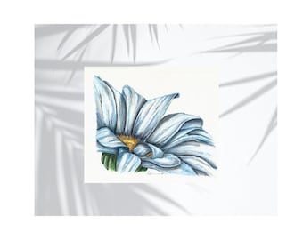 The product is a close-up print of a blue chamomile flower