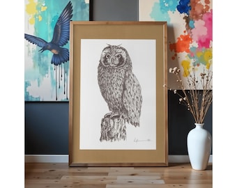 Print of a Pen & Ink Drawing of an Owl On a Log 'Mrs Who?' with Digital Matt
