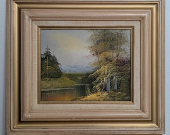 Signed Unknown Artist Vintage Framed Landscape Painting in Gold Yellow n Green Contemporary Style