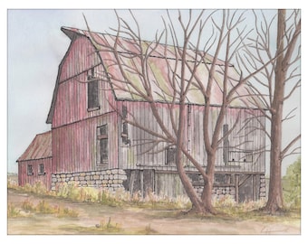 Print of a Watercolor & Ink Painting of a Barn 'Canadian Barn', Unframed  8 1/2"x 11"