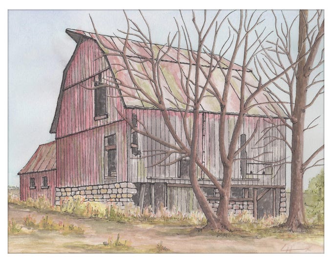 Print of a Watercolor & Ink Painting of a Barn 'Canadian Barn', Unframed  8 1/2"x 11"