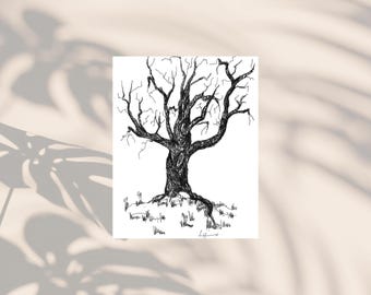 Leafless Scary Tree "Don't be Scared" Pen & Ink Inkjet Tree Print Unframed