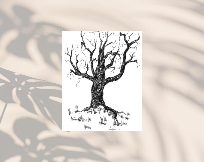 Leafless Scary Tree "Don't be Scared" Pen & Ink Inkjet Tree Print Unframed