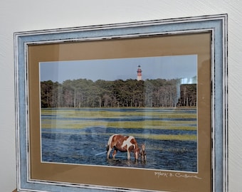 Vintage Framed Landscape Signed Photograph by M Coulbourne of Wild Ponies at Assateague Island