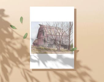 Watercolor & Ink Painting of a Canadian Barn, Unframed  8 1/2"x 11"