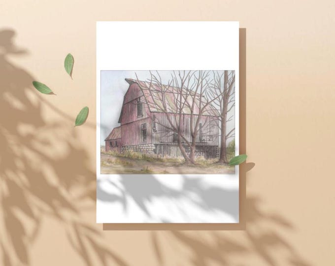 Watercolor & Ink Painting of a Canadian Barn, Unframed  8 1/2"x 11"