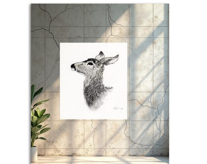 Print of a Charcoal Drawing of a Doe Named 'Oh Deer!' With Border 8x10 No Frame