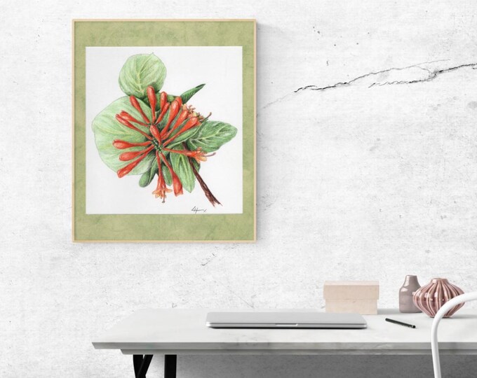 Print captures the essence of nature with its detailed and realistic depiction of the honeysuckle flower.