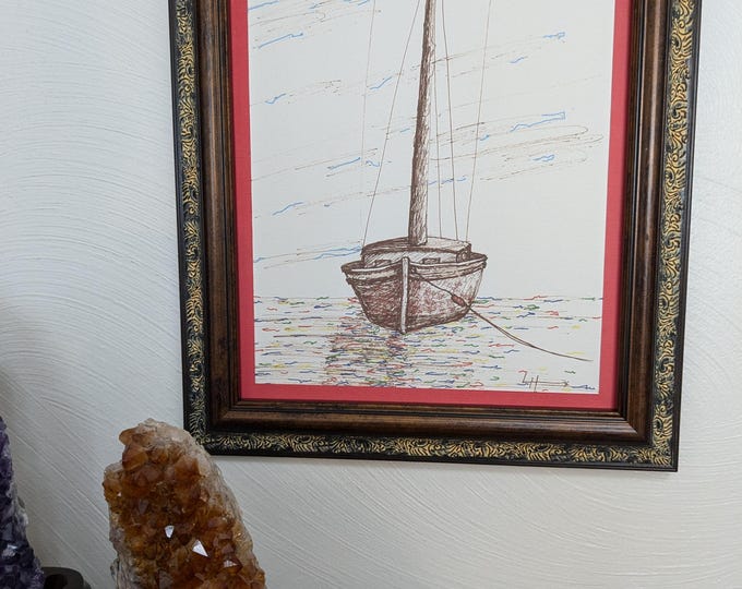 The pen and ink drawing depicted a sailing boat at rest, capturing a serene moment in time.