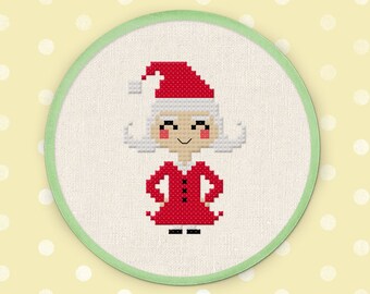 Mrs. Santa Claus Cross Stitch Pattern, Christmas Holiday Cross Stitch, Modern Simple Cute Counted Cross Stitch PDF Pattern. Instant Download