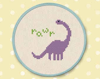 Cute Dino Rawr Cross Stitch Pattern, Dinosaur Cross Stitch, Modern Simple Cute Counted Cross Stitch Pattern PDF File. Instant Download