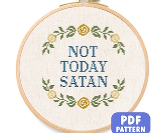 Not Today Satan Kreuzstich-Muster: Freche florale Stickerei Grün Gelb Blau (PDF Download)