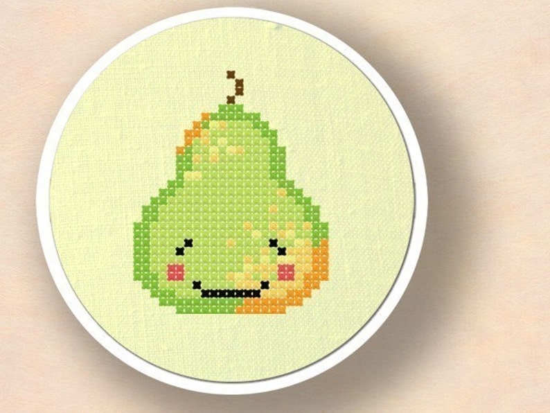 Happy Green Pear Cross Stitch Pattern. Fruit Modern Simple Cute Happy Green Pear Cross Stitch Pattern. Fruit Modern Simple Cute