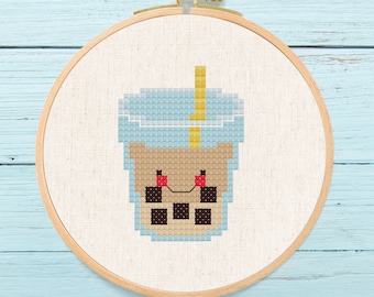 Milk Tea Boba Cross Stitch Pattern, Boba Bubble Tea Modern Simple Cute Counted Cross Stitch PDF Pattern. Instant Download