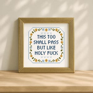 May include: A framed cross-stitch artwork with the text "THIS TOO SHALL PASS BUT LIKE HOLY FUCK" in blue. The design is surrounded by a floral border in yellow and blue, set against a cream background. The frame is gold.