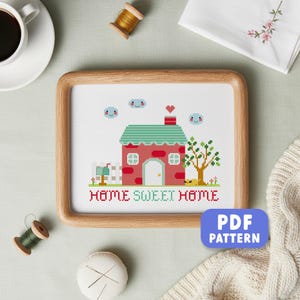 Home Sweet Home Kreuzstichmuster: Rotes Backsteinhaus Stickmuster (PDF Download)