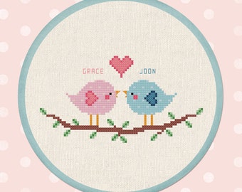 Love Birds Cross Stitch Pattern, Personalize Custom Names Modern Simple Cute Counted Cross Stitch Pattern Custom PDF File