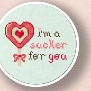 I'm a Sucker for You. Heart Lollipop Modern Simple Cute Counted Cross Stitch PDF Pattern. Instant Download