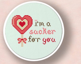 I'm a Sucker for You. Heart Lollipop Modern Simple Cute Counted Cross Stitch PDF Pattern. Instant Download