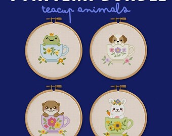 Teacup Animals Cross Stitch Pattern Bundle: Frog, Shih Tzu, Bunny, Otter (PDF Download)