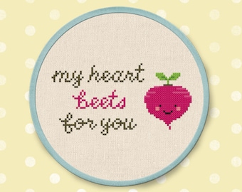 Happy Beet Cross Stitch Pattern, My heart beets for you, Vegetable Modern Simple Cute Counted Cross Stitch PDF Pattern. Instant Download