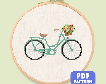 Teal Bicycle Cross Stitch Pattern: Floral Basket Embroidery (PDF Pattern)