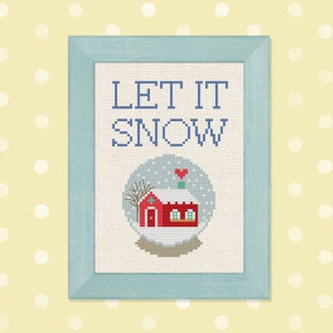 Let it Snow Cross Stitch Pattern, Red Winter House Snow globe Modern Simple Cute Winter Counted Cross Stitch PDF Pattern, Instant Download image 1