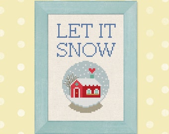 Let it Snow Cross Stitch Pattern, Red Winter House Snow globe Modern Simple Cute Winter Counted Cross Stitch PDF Pattern, Instant Download