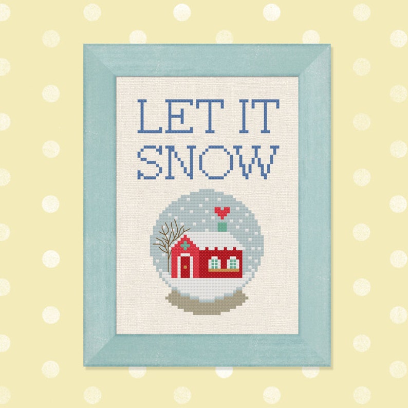 Let it Snow Cross Stitch Pattern, Red Winter House Snow globe Modern Simple Cute Winter Counted Cross Stitch PDF Pattern, Instant Download image 1