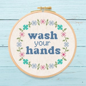 Wash Your Hands Wreath Cross Stitch Pattern, Pretty Modern Flower Floral Wreath Hygiene Text Quote Cross Stitch Pattern PDF Instant Download