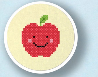 Happy Red Apple Cross Stitch Pattern, Fruit Modern Simple Cute Counted Cross Stitch Pattern. PDF File, Instant Download