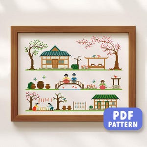 Traditional Korean Home Cross Stitch Pattern. Large Best Seller Cross Stitch Simple Cute Counted Cross Stitch PDF Pattern. Instant Download