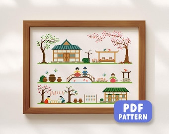 Patrón de punto de cruz para casa tradicional coreana. Superventas. Patrón PDF de punto de cruz contado, sencillo y bonito. Descarga instantánea.
