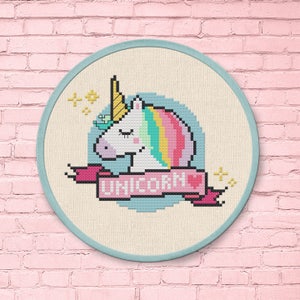 Sleepy Unicorn Cross Stitch Pattern, Modern Simple Colorful Cute Rainbow Unicorn Banner Counted Cross Stitch Pattern PDF Instant Download image 1