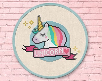 Sleepy Unicorn Cross Stitch Pattern, Modern Simple Colorful Cute Rainbow Unicorn Banner Counted Cross Stitch Pattern PDF Instant Download