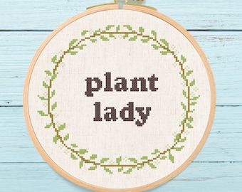 Plant Lady Wreath Cross Stitch Pattern, Pretty Modern Leaves Wreath Text Quote Cross Stitch Pattern PDF Instant Download