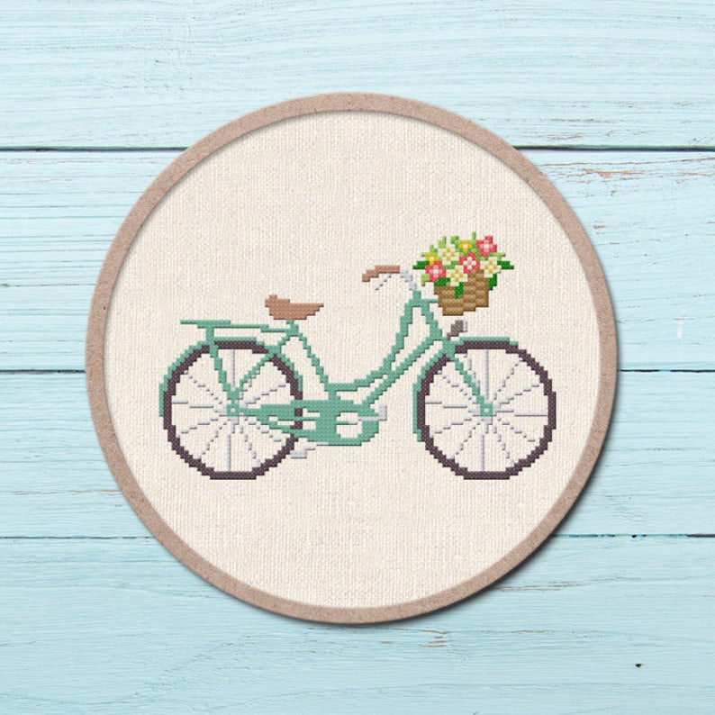 Pretty Bicycle Cross Stitch Pattern. Flower Basket Modern Simple Cute Quote Counted Cross Stitch PDF Pattern. Instant Download image 1