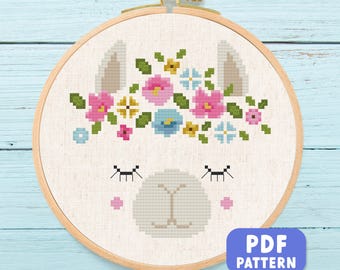 Llama Head Cross Stitch Pattern: Flower Crown Llama Modern Embroidery (PDF Download)