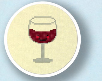 Glass of Wine Cross Stitch Pattern, Modern Simple Cute Counted Cross Stitch PDF Pattern. Instant Download