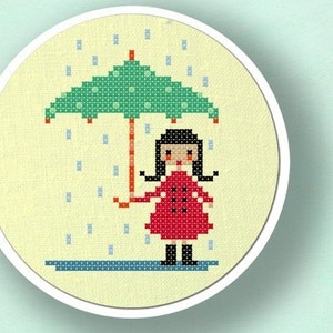 Cute Umbrella Girl. Modern Simple Cute Counted Cross Stitch PDF Pattern. Instant Download image 2